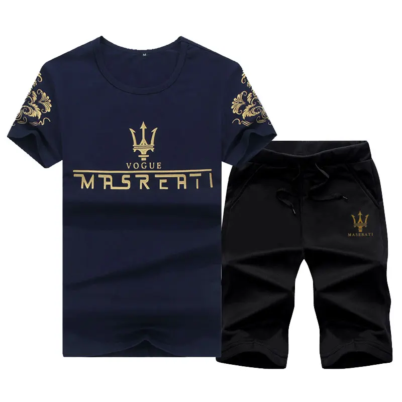 Summer Men's Set Short Sleeve T-shirt Set Fashion Print Maserati Pattern Sportswear Casual Top Shorts Breathable Sportswear