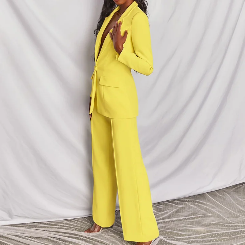 Office Ladies Solid Colors Formal Suits with Buttons New Pink Yellow Blazer Pants Set Two Piece Women Business Suit Blazer Set