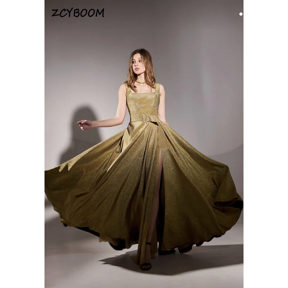 

Luxury Spaghetti Strap Square Collar Sleeveless Evening Dress 2023 Elegant A-Line Floor Length Side Slit Zipper Formal Gown