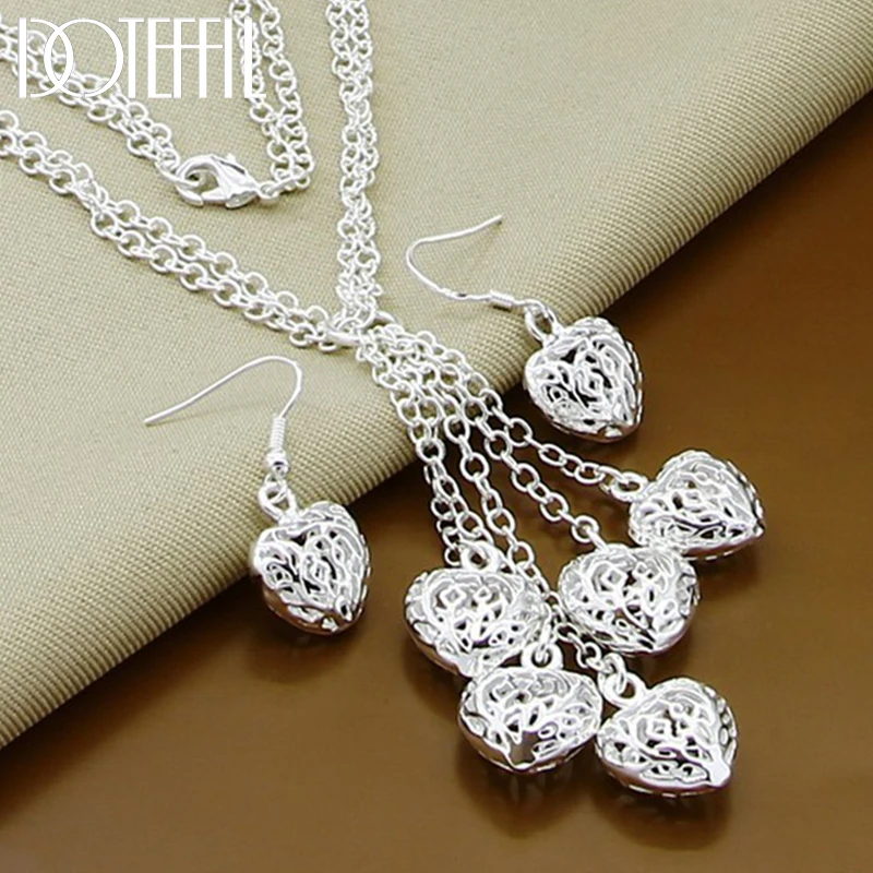 

DOTEFFIL 925 Sterling Silver Hollow Heart Ball Necklace Earring Set For Woman Wedding Engagement Party Fashion Charm Jewelry