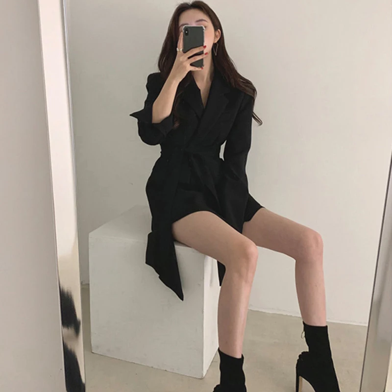 2021 Women British Style Elegant Black Beige Blazer Coat Long Outwear Jacket Sashes Fall OL Korean New Fashion Solid Blazers