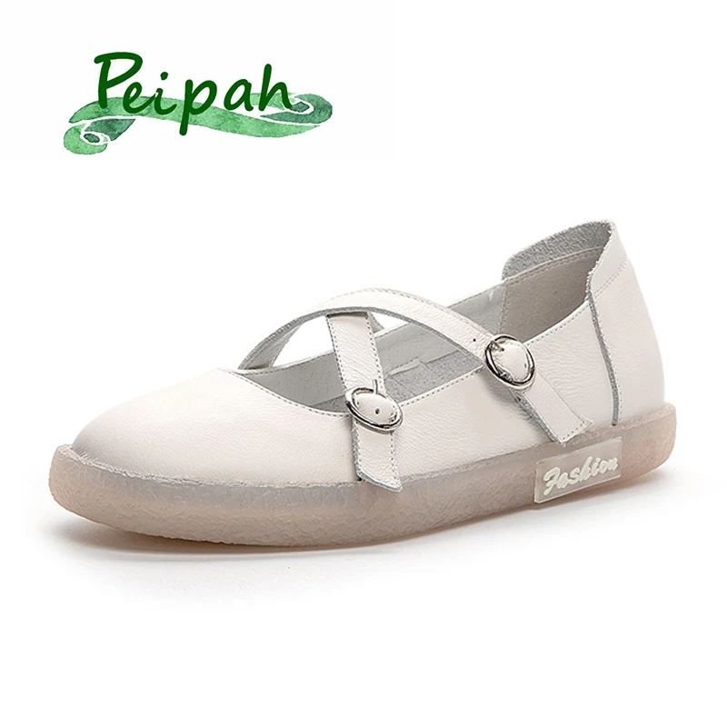 

PEIPAH Summer Shallow Mary Janes Shoes for Women Slip On Ballet Flats Ladies Genuine Leather Casual Solid Footwear Sweet Shoes