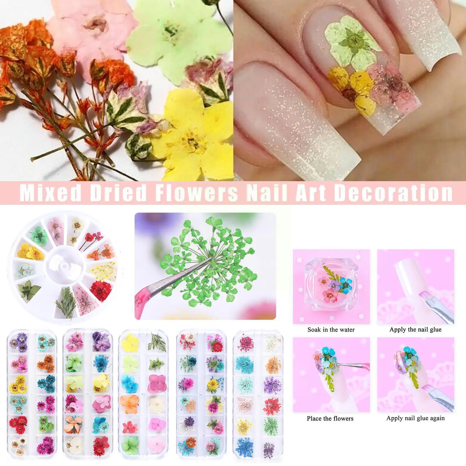 

6 стилей сушеных цветов, украшения для ногтей, натуральные Цветочные ромашки, 3D аксессуары для лака для маникюра, дизайн подсолнуха, художес...