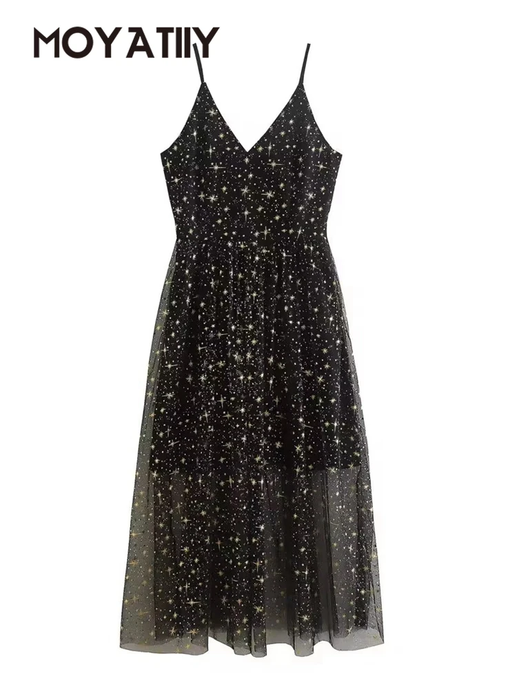 

Платье женское Сетчатое средней длины с открытой спиной и принтом звезд