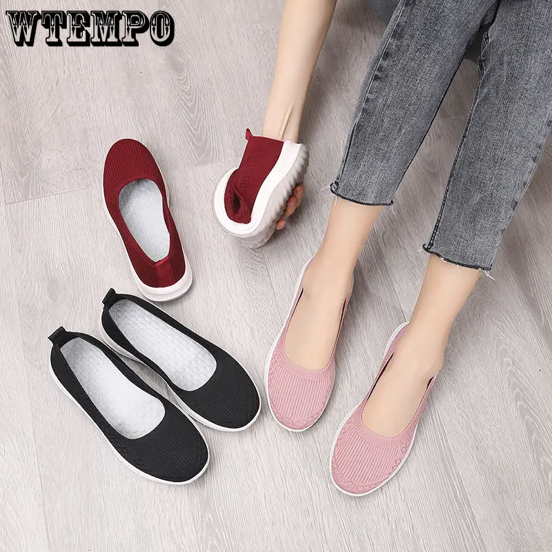 WTEMPO Women Shoes Knitting Sneakers Women Spring Summer Slip on Flat Shoes Women Plus Size Loafers Flats Walking Wholesale
