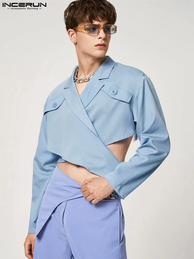 

Мужской однотонный блейзер с отложным воротником и длинным рукавом, на пуговицах, с вырезами, Модный повседневный костюм, уличная одежда, то...