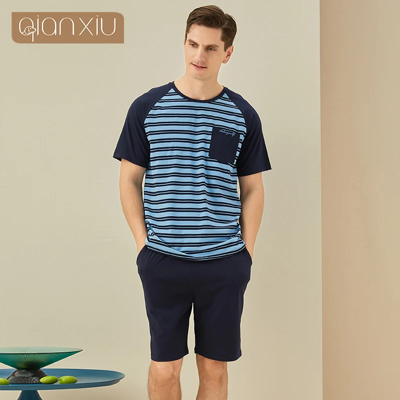 Полосатая мужская пижама мужской полосатый вязаный хлопковый домашний костюм