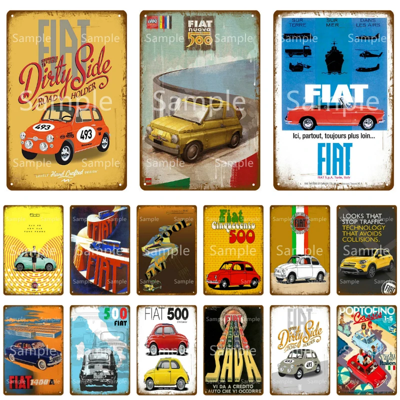 

Classic Mini Car Metal Signs Fiat Vintage Poster Wall Art Kraft Pub Bar Garage Room Home Decor Art Painting Plaque