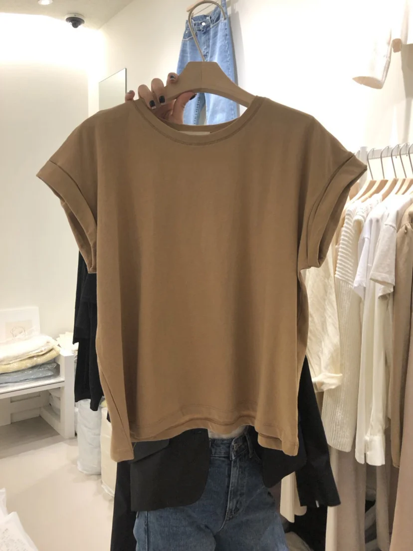 

South Korea dongdamen 2022 summer fashion loose solid color versatile round neck short sleeve T-shirt women's foreign style top