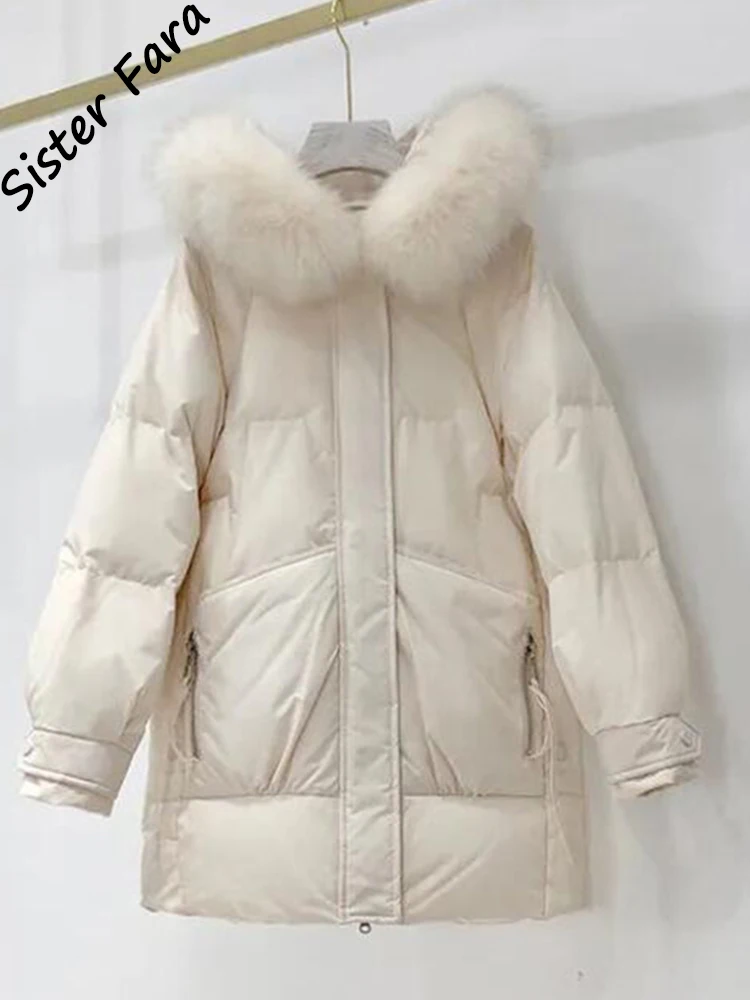 

Sister Fara Women's 2XL Loose Mid-length Parka Cotton Down Padded Puffy Jacket Women Winter Big Fur Pocket Coat Female