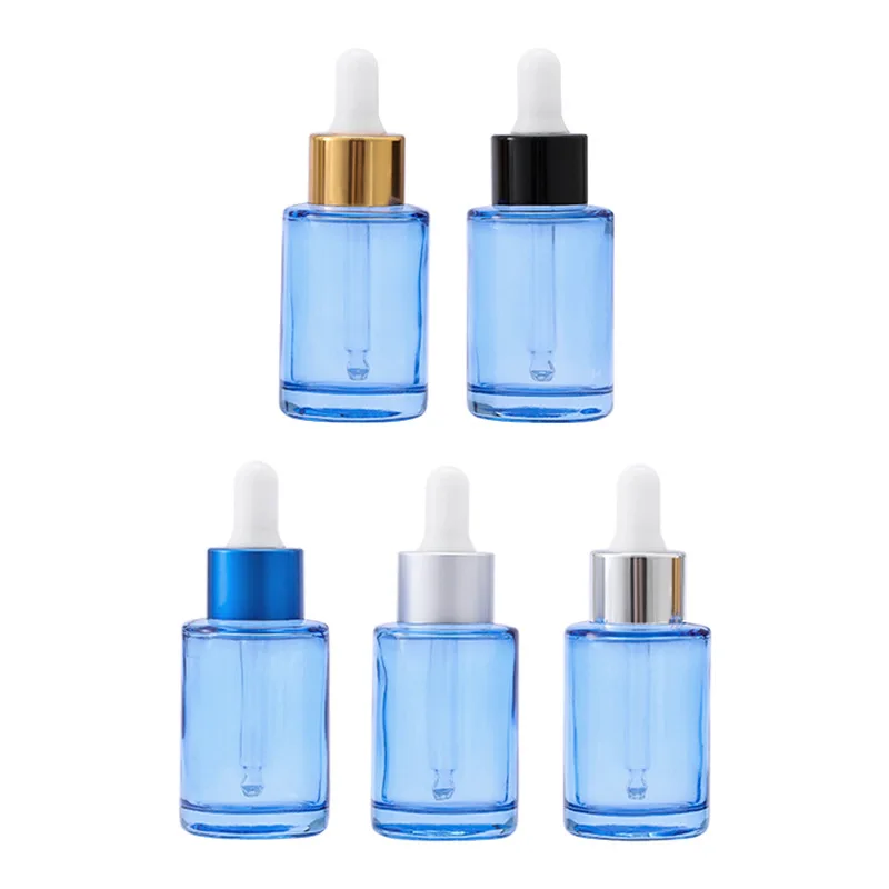 

30ml Empty Blue Glass Essential Oil Dropper Vials White Rubber Top Cosmetic Stock Liquid Essence Travel Refillable Bottle 15pcs