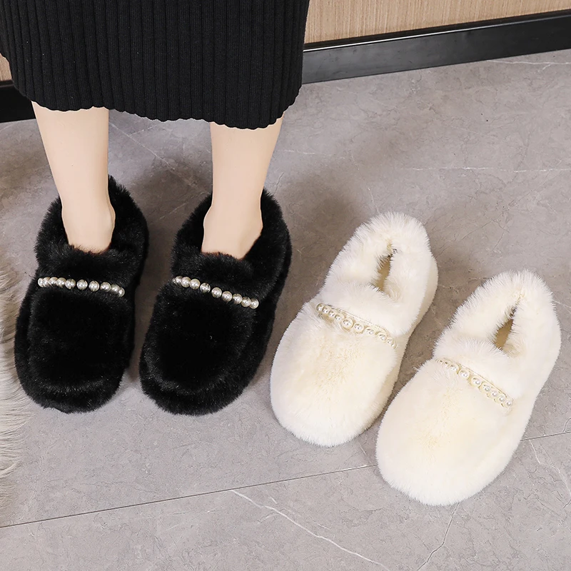 

Мокасины женские без шнуровки, повседневные туфли с закрытым носком, лоферы, меховые декорированные жемчугом, без застежки, Мокасины с круг...