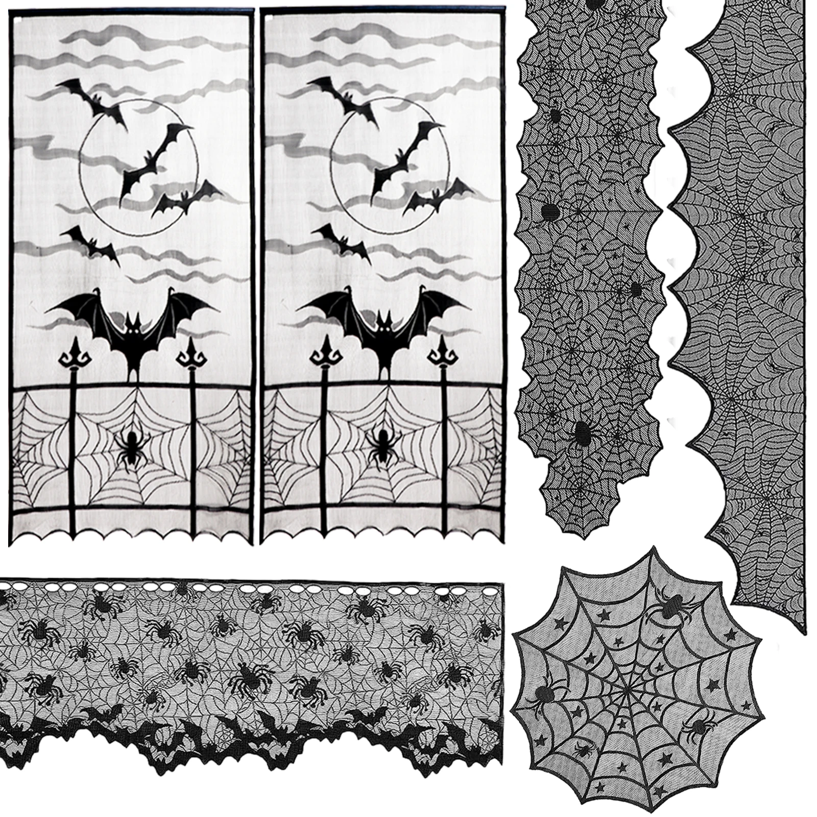 

OurWarm Halloween Bat Lace Table Runner Black Spider Web Tablecloth Fireplace Curtain for Halloween Party Horror Props Supply