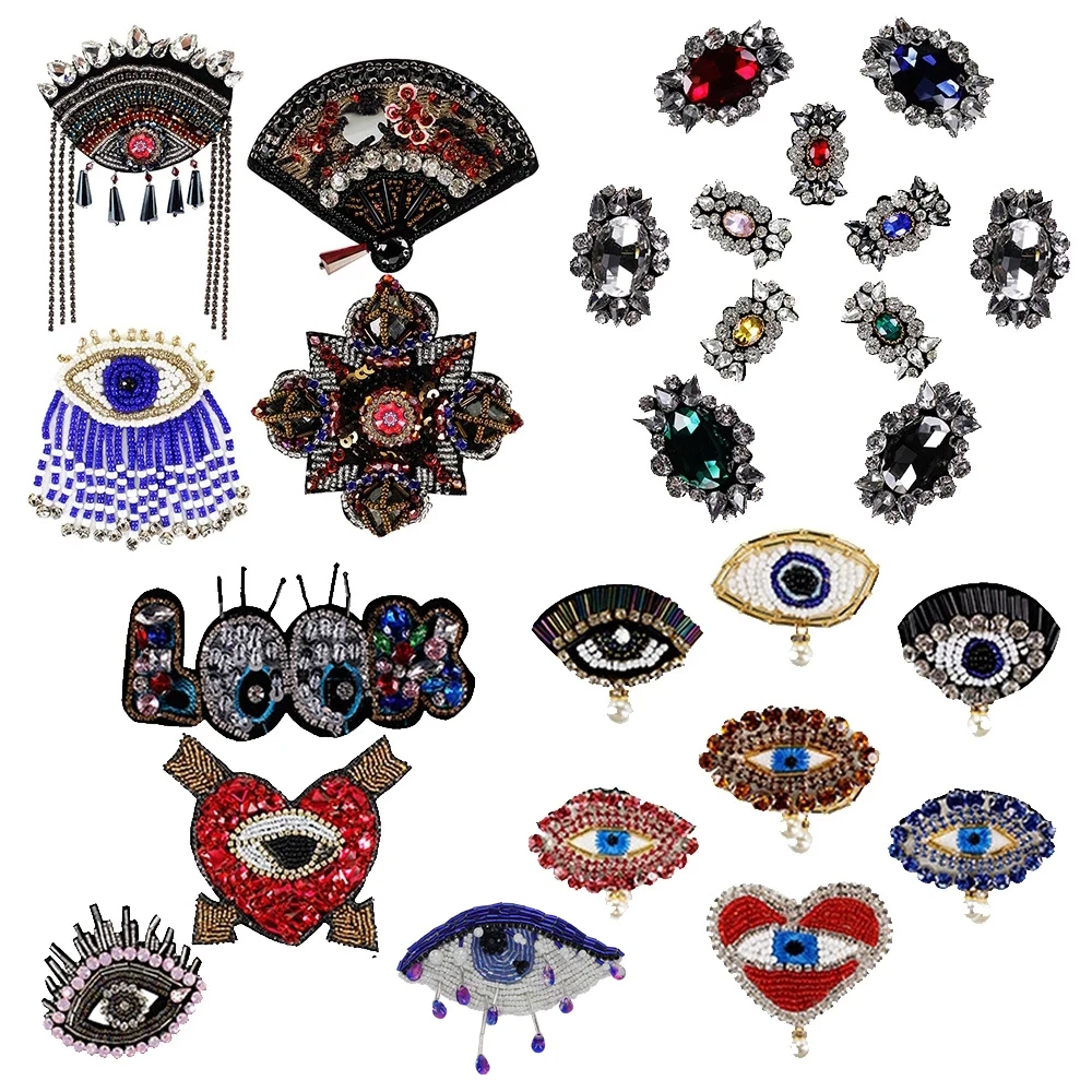 Rhinestone Eye Heart Bead Fan Look Sequin Flower Applique Patch Sew on Brooch Dress Bag Shoes Clothes Decor Apparel Accessory