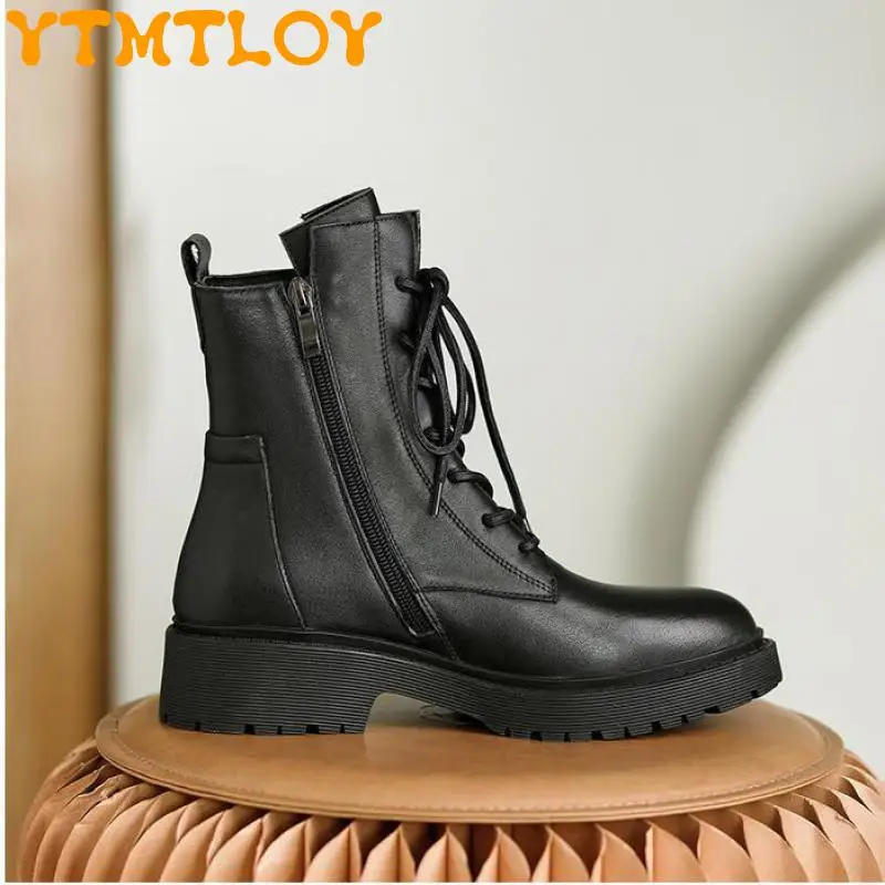 

Soft Leather High-top Mid-tube Boots Women's 21 Autumn And Winter New Style Single Boots With Side Zipper And Velvet Thick-soled