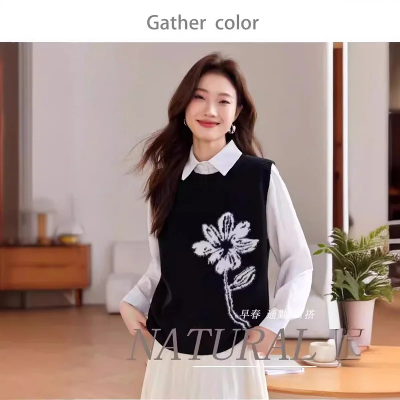 Весенне-осенний новый женский шерстяной вязаный жилет с вышитым цветком круглым