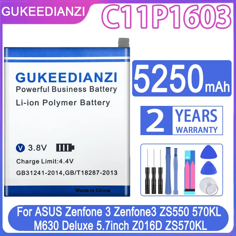 Аккумулятор GUKEEDIANZI для ASUS C11P1603, батарея для ASUS Zenfone 3 Zenfone3 Deluxe 5,5 дюйма ZB690KL Z01FD ZS550KL, батарея 5250 мАч + бесплатный инструмент