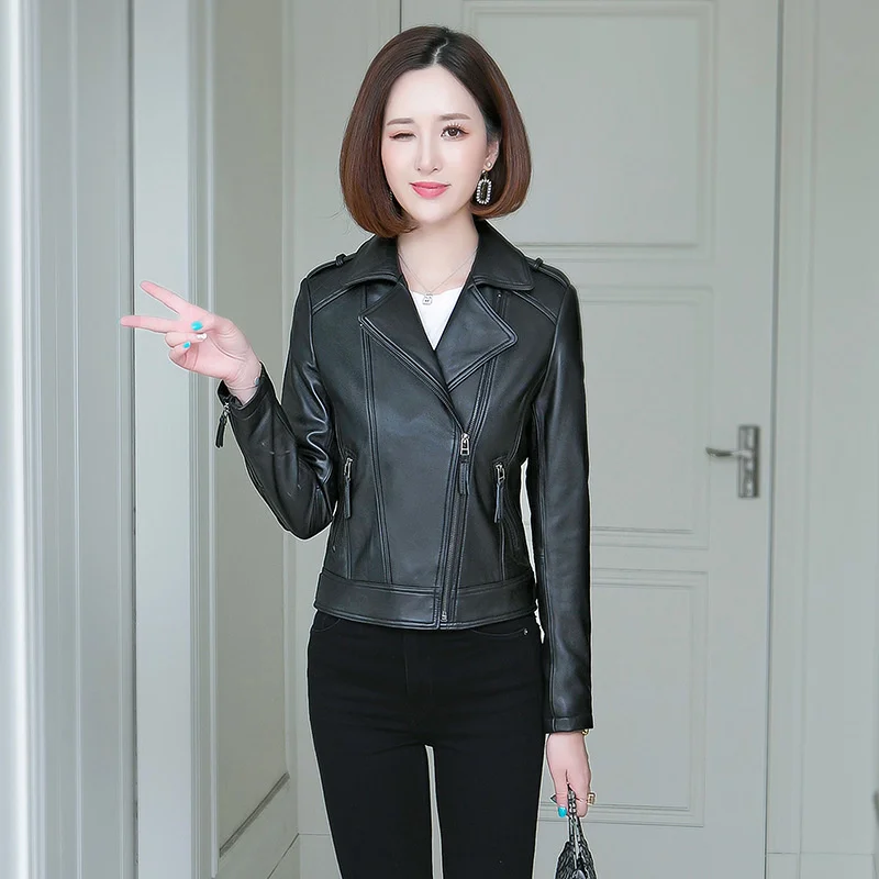 Quality Tops Women Fashion High Real Women's Sheepskin Coat Spring Short Motorcycle biker Female Jacket Mujer Chaqueta