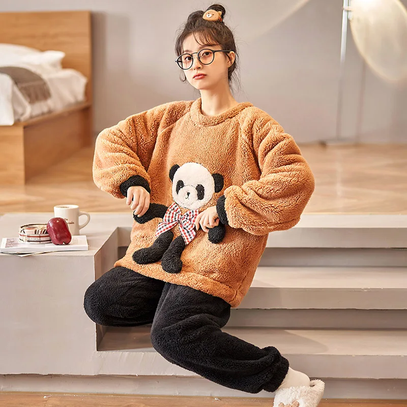 Winter Pajamas Coral Fleece Loose Version Pajama Set Inspissate Flannel Women Sleepwear Pullover Plus Size Cartoon Plush