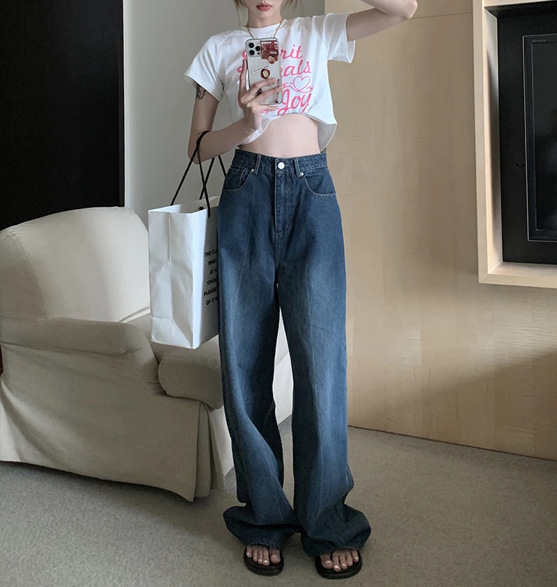 

DD1912 New retro Hong Kong style all-match high-waisted loose wide-leg straight-leg mopping pants jeans