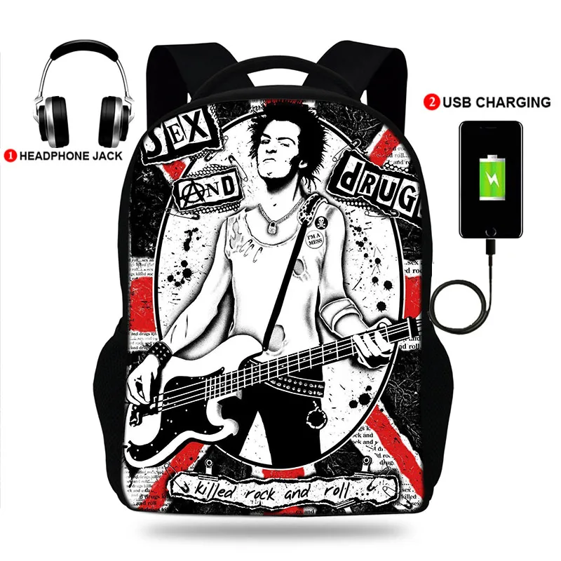 

BULEFLYER Sid Vicious Print Backpacks Boys/Girls School Bags Laptop Teenage Notebook USB Charge Mochila