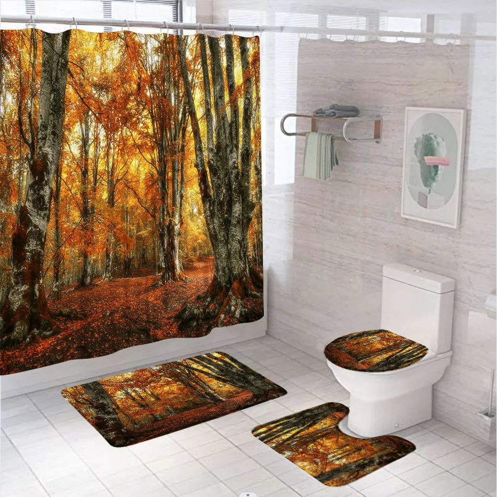 

4Pcs Thanksgiving Bathroom Shower Curtain Set Nature Scenery Forest Fall Park Autumn Maple Leaf Bath Mat Toilet Cover Carpet Rug