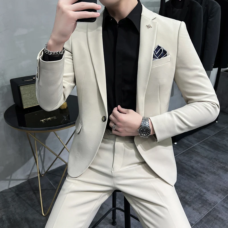 

New men's (suit + trousers) 2023boutique wedding dress casual handsome Korean version of the Slim British two-piece suit