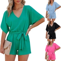casual v neck short sleeve bow tie plain romper jumpsuit lady overalls clothing outfit