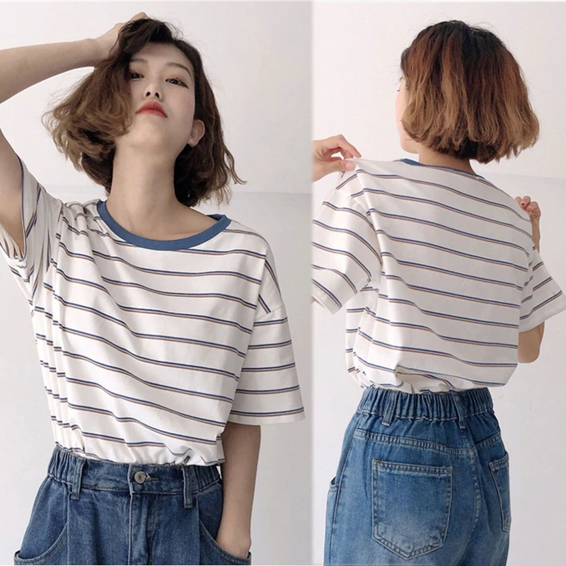 

Women O-Neck Short Sleeve T-Shirt Contrast Color Horizontal Striped Loose Tops