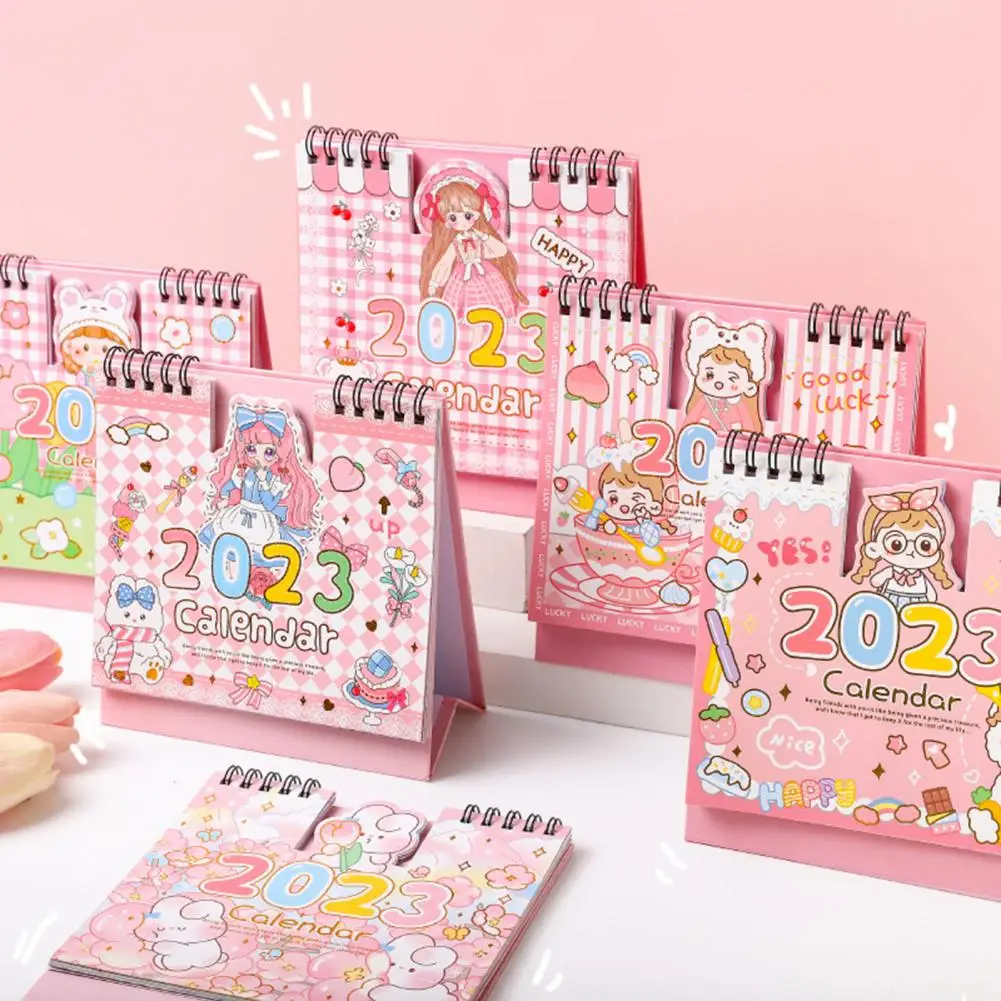 

Cartoon 2023 Calendar Creative Cute Desk Calendar Desktop Stationery Pink Series Standing Flip Calendar Office Supplies