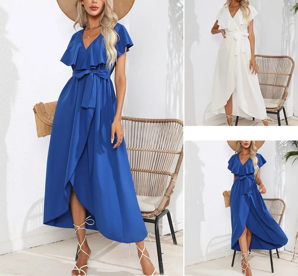

Summer Urban Style Solid Color Pullover High Waist Lace Up Ruffle Edge V-Neck Sleeveless Large Swing Long Dress for Women