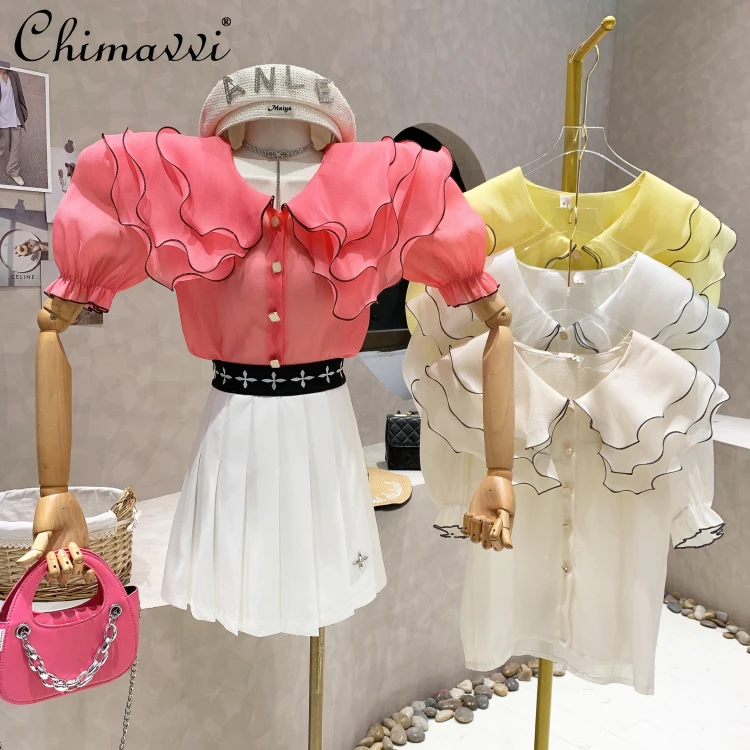 

2022 Spring Summer New Ladies Fashion Cute Shirt Women Sweet Wavy Double-Layer Collar Sun Protection Shirt Long Sleeve Loose Top