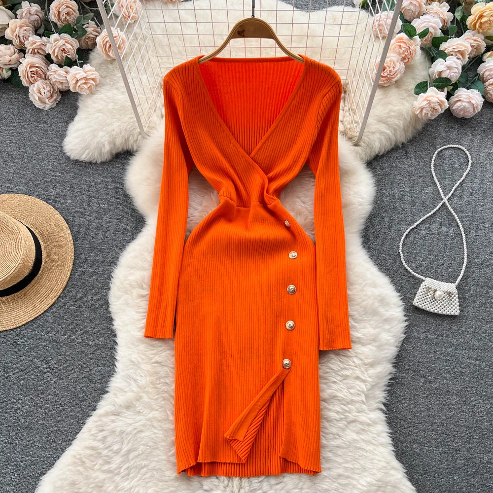 

Sexy Chic Long Sleeve Elastic Bodycon Slit Dress Korean Fashion Knit Vestidos V Neck Slim Autumn Winter Pencil Sweater Dress