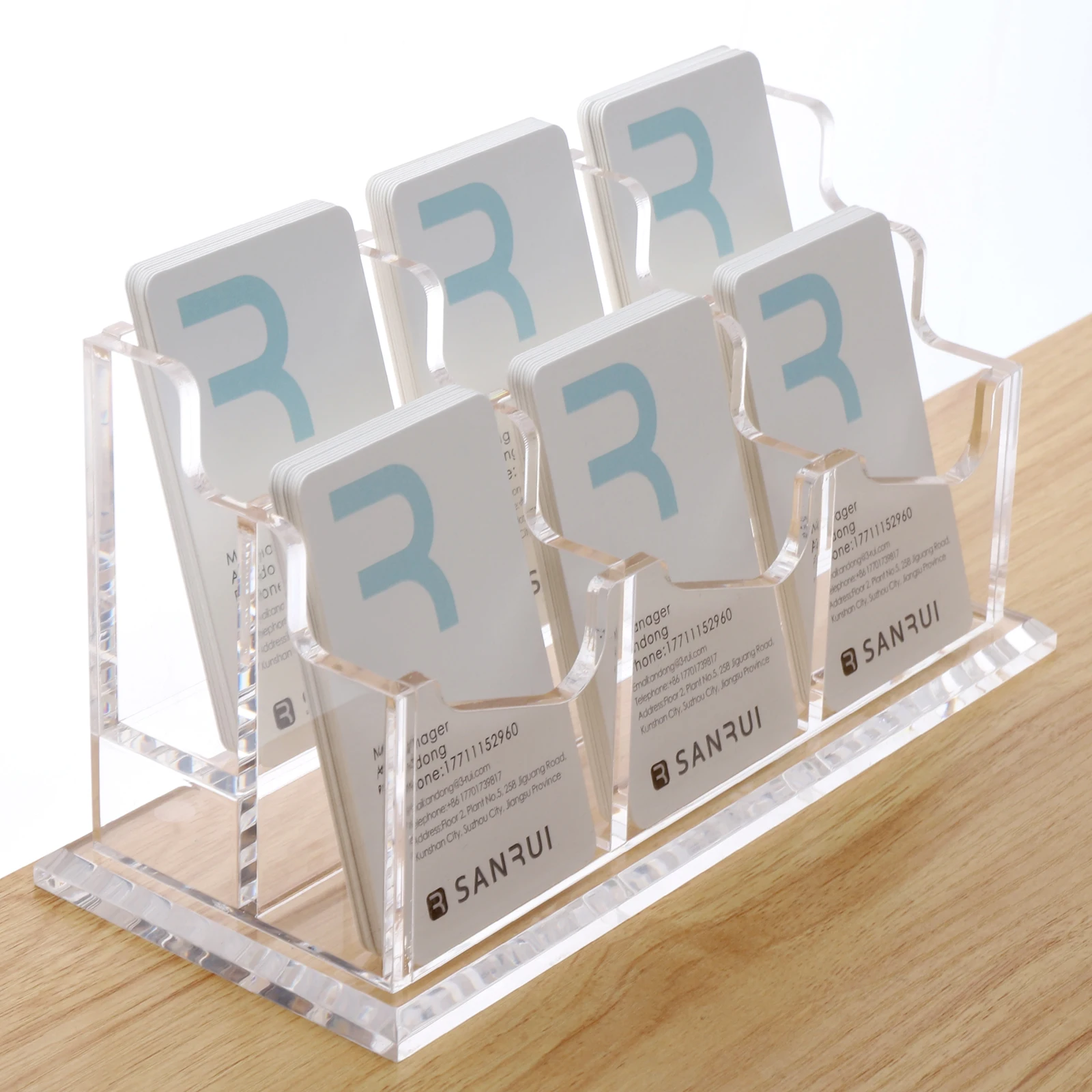 SANRUI Business Card Holder for Desk Vertical Card Display Stand Clear Acrylic 2 Tier 6 Pocket