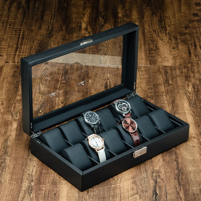 Carbon fiber leather watch box storage box jewelry watch mechanical watch jewelry finishing collection with lock watch box