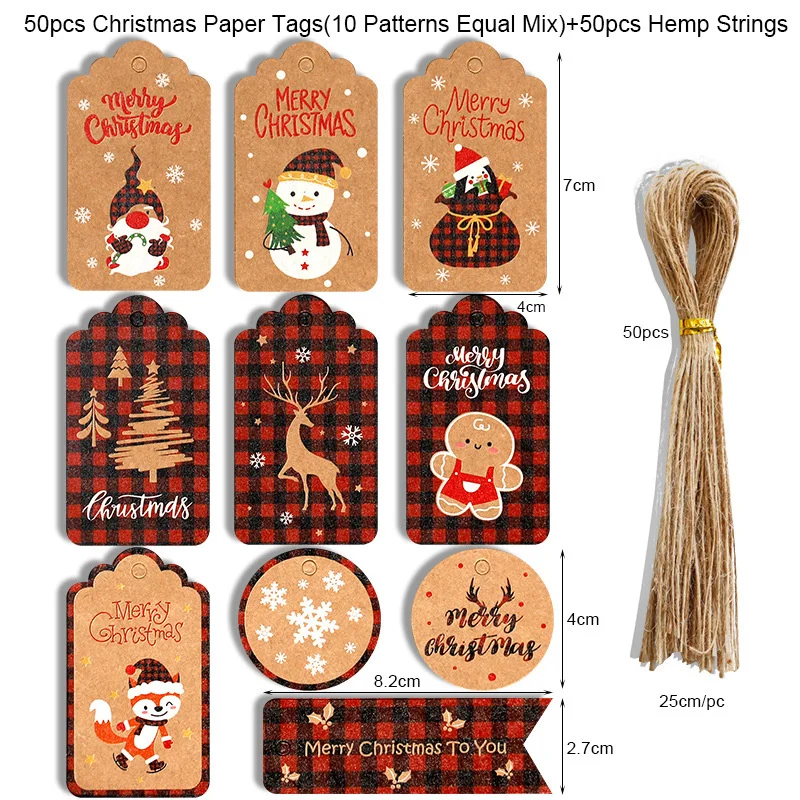 

50/set Christmas Kraft Paper Christmas Gift Tags Hanging Tags with Rope for DIY New Year Xmas Holiday Gift Wrap Stamp and Label