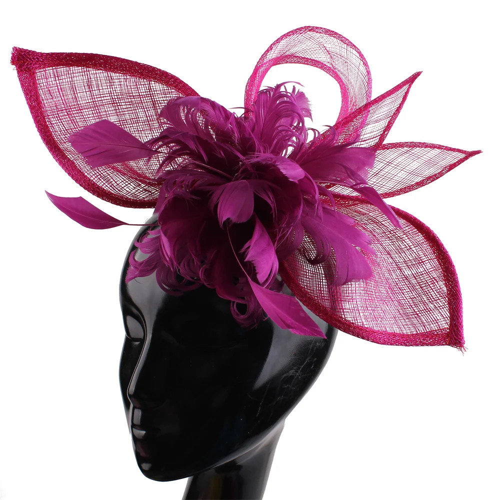 Фото Королевский синий Sinamay Fascinators Заколка для волос с перьями Дерби Головные уборы Женские церковные шляпы Свадебные аксессуары для волос №3