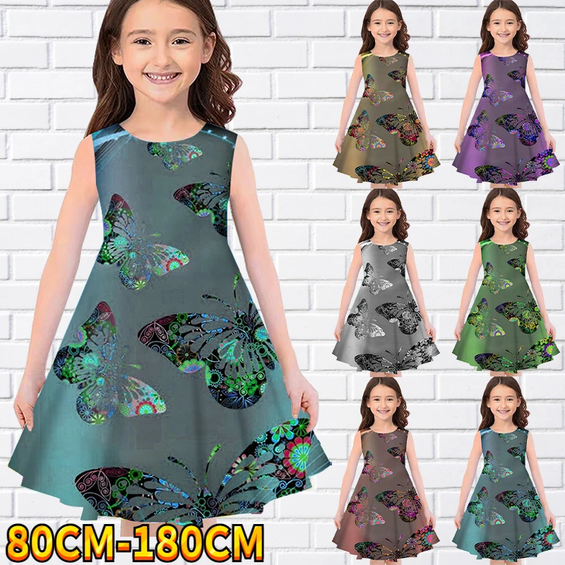 

Kids Little Girls Sleeveless Dress Girls Dress 3D Butterfly Print Daily Casual Cute Sweet Over Knee Sleeveless Dress 80-180CM