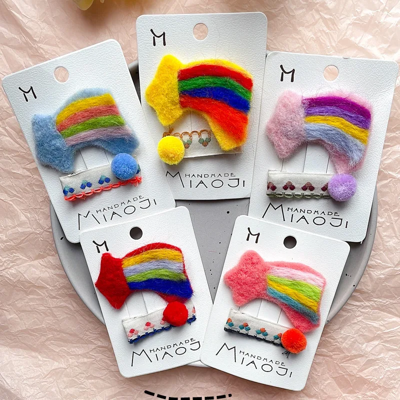 

Autumn and Winter Children's Wool Velvet Hairpin Cartoon Rainbow Hairpin Little Girl Embroidery Hair Card Baby Hair Accessories