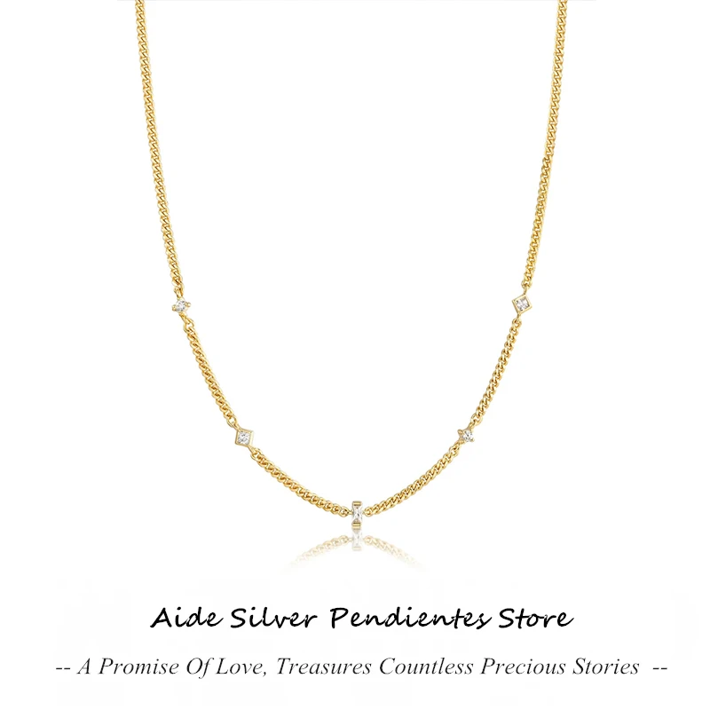 

AIDE Minimalist Chain Necklace with Spaced Geometry Zircon 925 Silver Clavicle Necklace For Women 40cm Colgante Collier Joyeria