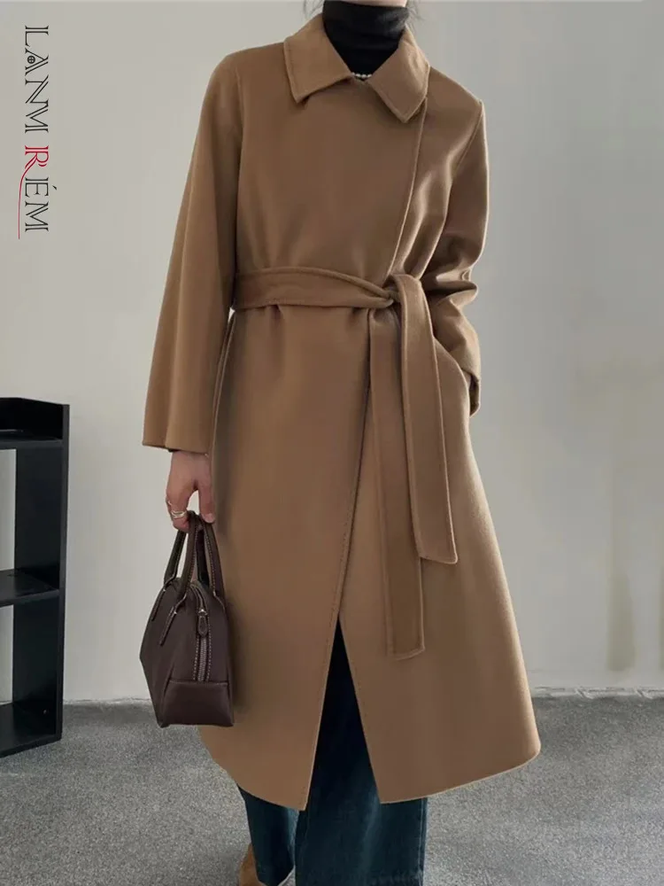 

[LANMREM] High End 100% Wool Warm Coats For Women 2023 Winter New Solid Lapel Long Sleeve Temperament Female Outwear 26D7126