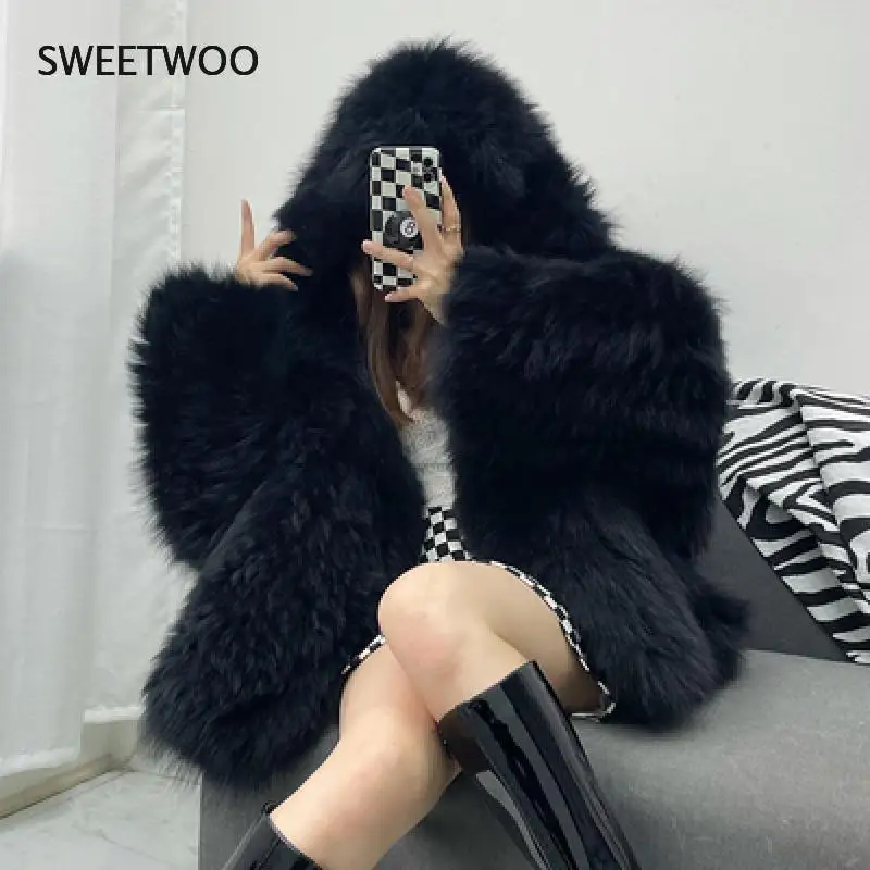 Winter Real Fur Knitted Furry Fox Fur Coat Hooded Bat Sleeve Chaquetas De Mujer Abrigo Peludo Casaco De Pele Fake Feminino 2022