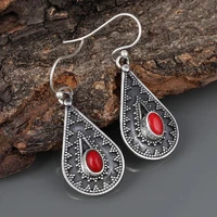 ethnic inlaid metal earrings oval faux red stone engraved silver plated vintage design earrings womens jewelry