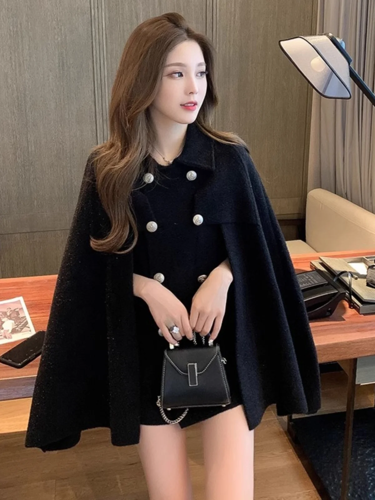 Plus size Hepburn Sle Cape Poncho Woolen Jacket Women Autumn and Winter Fat Sister Temperament Slimming Versatile Co...