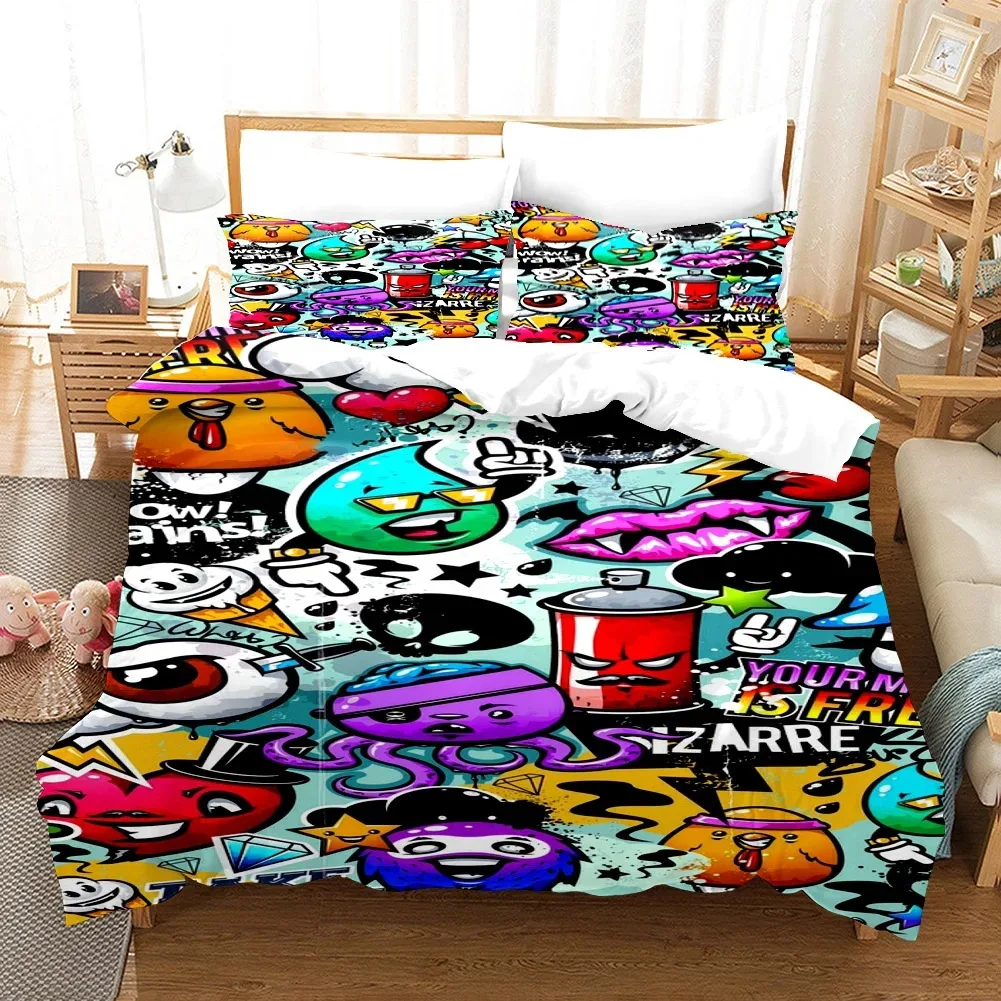 Cartoon Style Hip-Hop Graffiti 3D Printed Duvet Cover Pillowcase Bedding Set Teenagers Bedroom Decor Bed Kit，Single_Queen Size