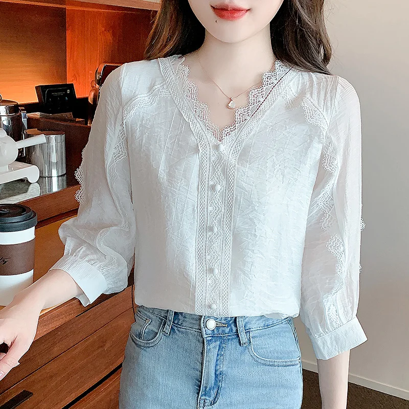 Милая кружевная блузка Элегантные повседневные топы с пышными рукавами весна 2023