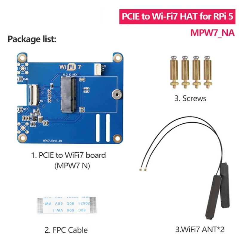 MPW7NA для Raspberry Pi 5 PCIE к модулю M.2 E-Key Wi-Fi7 + 2 антенны BE200 синяя печатная плата поддержка