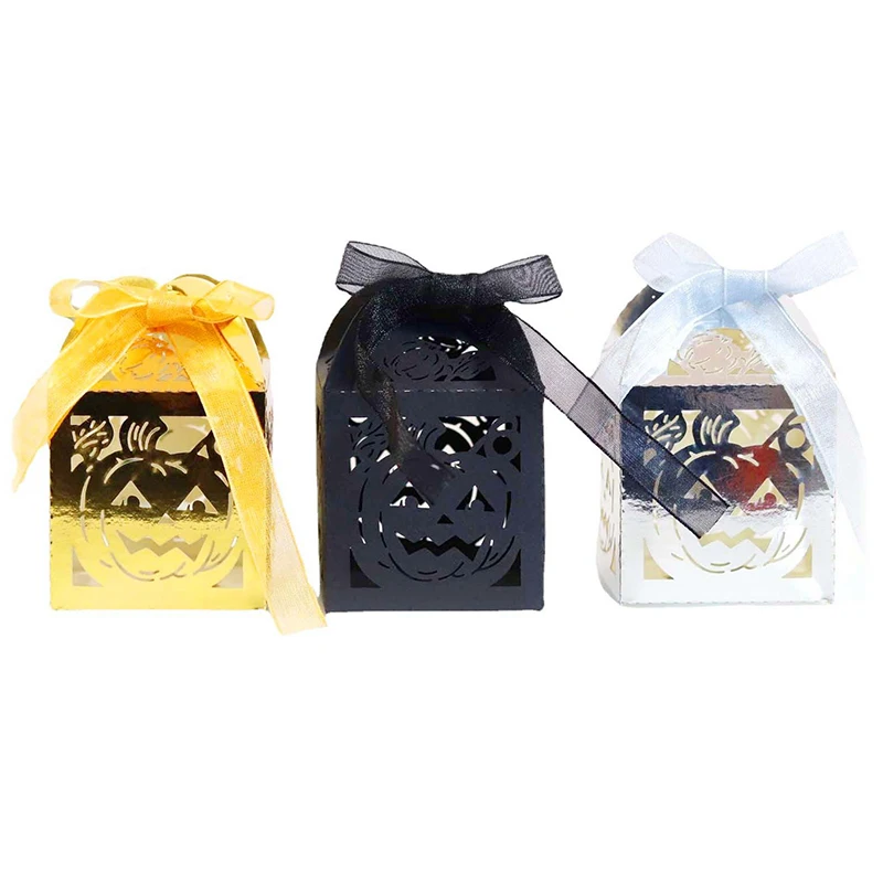 

50Pcs Laser Cut Halloween Pumpkin Candy Box Cartoon Chocolate Spider Web Gift Packaging Box With Ribbon Halloween Party Supplies