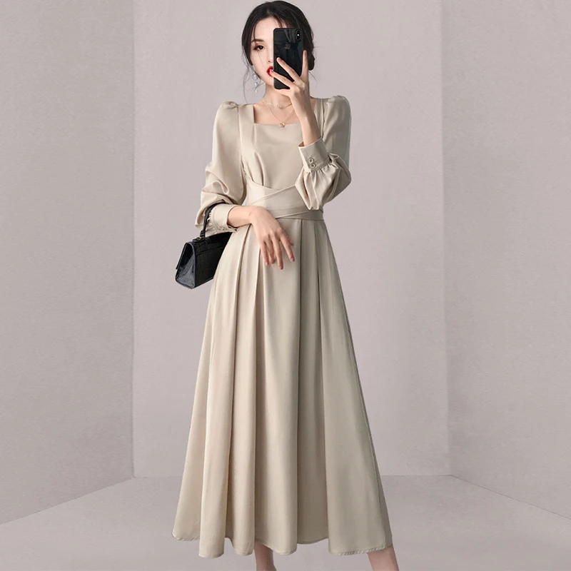 French Elegant High Quality Women Square Collar Long Dress Autumn Spring Solid Color Puff Sleeve Slim Waist Maxi Party Vestidos