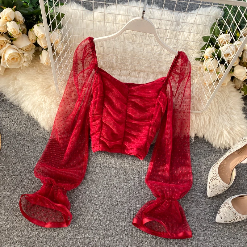 

Chic Sweet Polka Dot Print Mesh Long Flare Sleeve Pleated Slim Short Tops Women Square Neck Elegant Shirts and Blouse L074